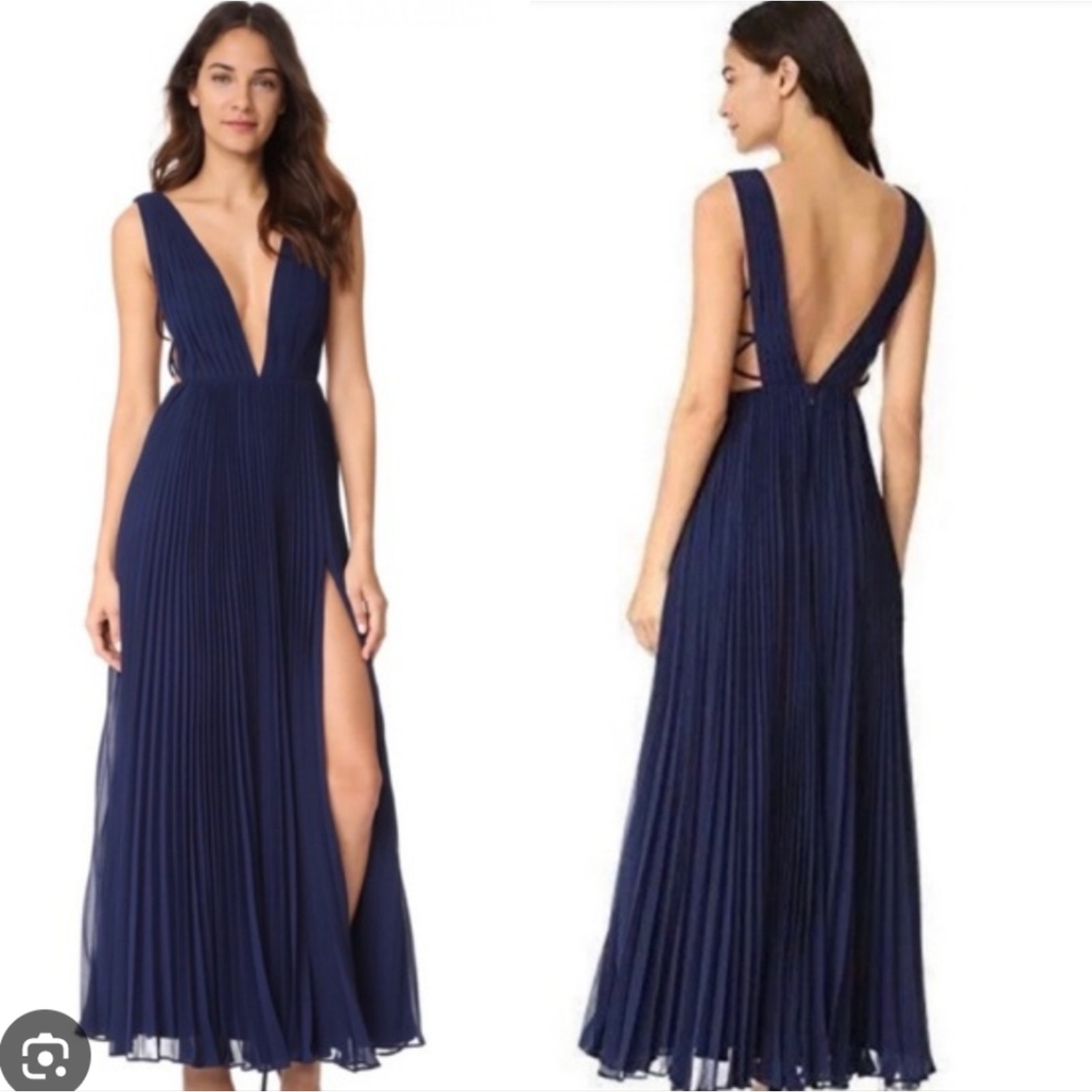 Fame And Partners Navy Blue Allegera Pleated Maxi Dress Bridesmaid Gown Size 2